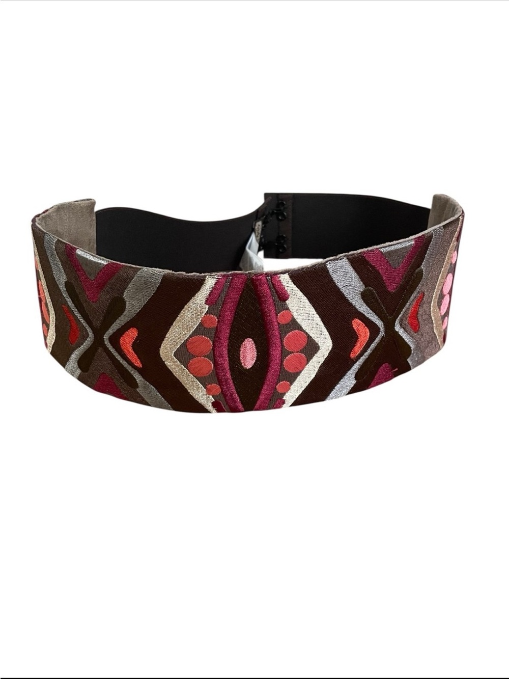 Maliparmi Embroidered Geo Wide Waist Belt - Brown, Pink & Red Accents - Picture 2 of 6
